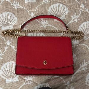 Tory Burch Red Leather Chain Crossbody Bag with Gold Hardware